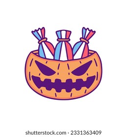 Pumpkin mosnter with candy inside, illustration for t-shirt, sticker, or apparel merchandise. With doodle, retro, and cartoon style.