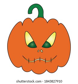 Pumpkin. The mouth is sewn up. Angry facial expression. Colored vector illustration. Isolated white background. Cartoon style. Halloween symbol. Ominous grimace. Jack-lantern. Glows from the inside. 