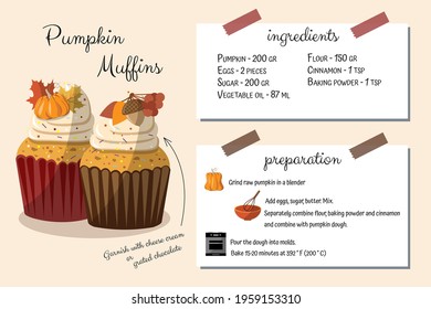 Pumpkin muffin recipe and ingredients   step by step instructions  Cookbook  menu  Easy to prepare  Cookery for children  home cooking  Food illustrations collection