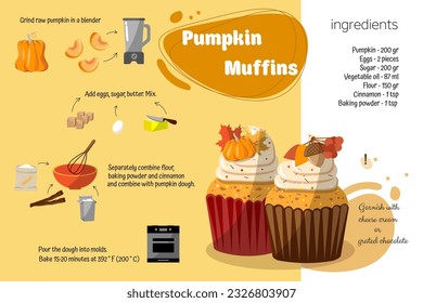 pumpkin muffin. Step by step recipe with ingredients. Home cooking book. Easy Recipes. vector