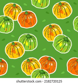 Pumpkin. Multicolored autumn vegetables and seeds on a green background. Seamless vector pattern.