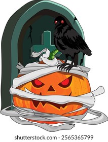 Pumpkin Mummy With Crow And Grave Stone Vector