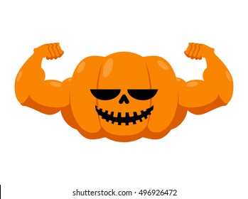 Pumpkin with muscles. Fitness Halloween. Vegetable with large hands. Powerful Fruit bodybuilding. Vegetarian athlete. Strong Symbol for terrible holiday
