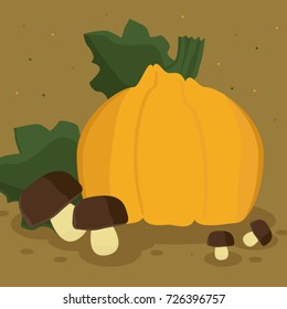 Pumpkin and mushrooms - vector illustration