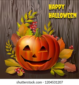 Pumpkin with a muzzle on the background of autumn leaves and fence. Vector illustration.