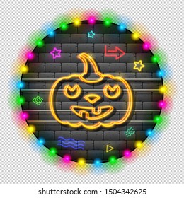 Pumpkin. Neon garland on a brick gray wall. Around bright bulbs and glowing elements. Retro. Illumination night for the holiday Halloween. Vector.