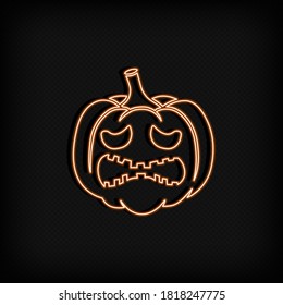 Pumpkin neon icon. Celebration concept. Halloweem or thanksgiving. Decorations. Vector on isolated black background. EPS 10