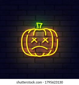 Pumpkin neon sign, bright signboard, light banner. Halloween logo neon, emblem. Vector illustration