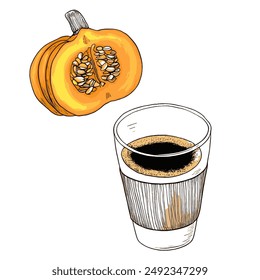 Pumpkin Next to a Cup of Pumpkin Latte, Hand-Drawn Vector Illustration