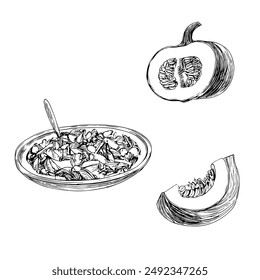 Pumpkin Next to a Plate of Pumpkin Porridge, Hand-Drawn Vector Illustration