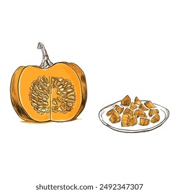 Pumpkin Next to a Plate of Pumpkin Porridge, Hand-Drawn Vector Illustration