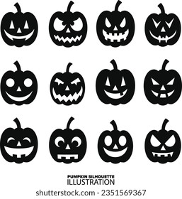 Pumpkin Nightfall: Collection of Spooky Black Horror Pumpkins in Vector Silhouettes for Halloween