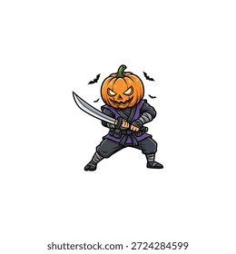 Kürbis Ninja mit kurzem Schwert Symbol flachen Vektordesign.
