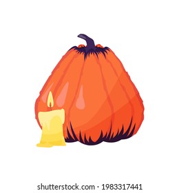 The pumpkin is not round in shape and a burning candle. Pumpkin for Halloween. 