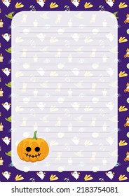 Pumpkin. Note paper. Page. Halloween notebook sheet. Flat, cartoon. Isolated vector illustration eps 10