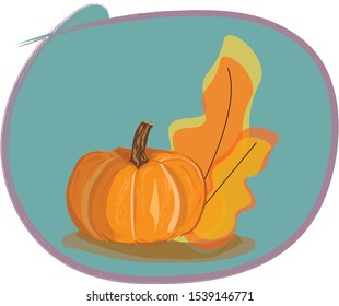 pumpkin with oak leaf blue background vector