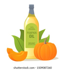 Pumpkin oil in glass bottle.. Flat illustration vector isolated on white background.Organic healthy product.   Cosmetic product.