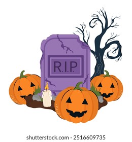 Abóbora, cova velha, memorial RIP e árvore sombria. Ilustração vetorial em estilo plano e Doodle para os projetos de outubro de Halloween