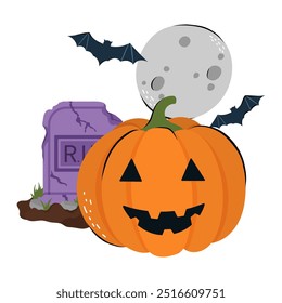 Pumpkin, Old grave, RIP memorial, moon and bat. Vector illustration in flat and Doodle style for the October Halloween designs