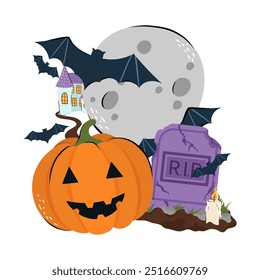 Pumpkin, Old grave, RIP memorial, moon and bat. Vector illustration in flat and Doodle style for the October Halloween designs