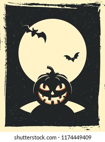 Pumpkin on a background of the moon with bats. Vector illustration Halloween Poster