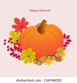 pumpkin on a background of multicolored leaves and acorns, autumn vector, postcard of a happy harvest!