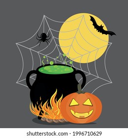 pumpkin on the background of a pot with a potion and cobwebs for the Halloween holiday, cartoon style, isolated vector