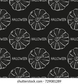 Pumpkin on a black background. Halloween. Wallpaper, seamless. Sketch.  