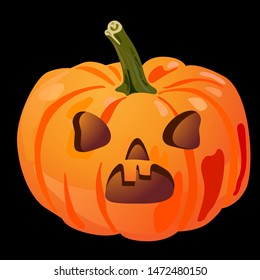 Pumpkin on black background. The main symbol of the Halloween holiday. Orange pumpkin with smile for your design for the holiday Halloween. Vector illustration.