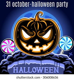 Pumpkin on the cemetery. Halloween Party design template for poster. Vector