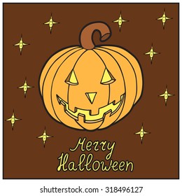 Pumpkin on stars background. Merry halloween. Can be used for greeting card. Vector illustration. EPS 10. 