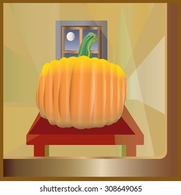 Pumpkin on a table in front of a window waiting to be carved for Halloween.