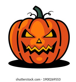 Pumpkin on white background. The Happy Halloween holiday. Orange pumpkin with scary smile. Vector illustration for design, postcards, banner.