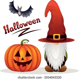 Pumpkin on white background. The Happy Halloween holiday. Orange pumpkin with scary smile. Vector illustration for design, postcards, banner. Scandinavian gnome, bat, greeting card, 