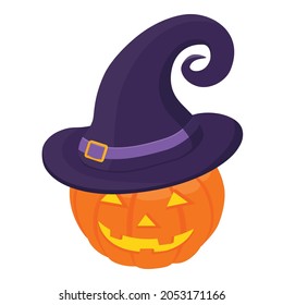 Kürbis auf weißem Hintergrund. Orangefarbener Kürbis mit Hexenhut für Ihr Design zu Halloween. Vektorgrafik 
