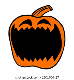 Pumpkin with open mouth funny picture for halloween day. Day of the dead. Dia de los muertos. Vector illustration. Doodle element for logo, label, emblem, sign, poster, t shirt.