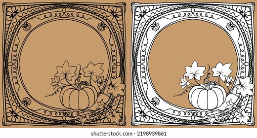 Pumpkin in an openwork floral frame. Vector drawing made by hand. Halloween