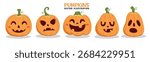 Pumpkin orange faces clipart set. Cute and scary Pumpkins clip art collection with funny, happy and spooky faces for Halloween party Jack O lantern creepy decoration design vector illustration.
