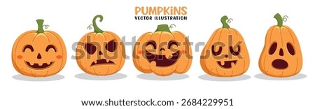 Pumpkin orange faces clipart set. Cute and scary Pumpkins clip art collection with funny, happy and spooky faces for Halloween party Jack O lantern creepy decoration design vector illustration.
