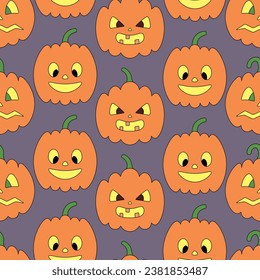 Pumpkin. Orange Halloween symbols. Vegetables with different faces. Seamless vector pattern. Endless Halloween ornament on purple background. Cartoon style. Jack-o'-lantern. Glows from within. 