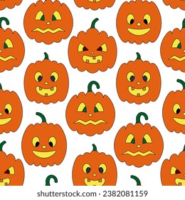 Pumpkin. Orange Halloween symbols. Vegetables with different faces. Seamless vector pattern. Endless Halloween ornament on a colorless background. Cartoon style. Jack-o'-lantern. Glows from within. 