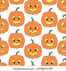 Pumpkin. Orange Halloween symbols. Vegetables with different faces. Seamless vector pattern. Endless Halloween ornament on a colorless background. Cartoon style. Jack-o'-lantern. Glows from within. 