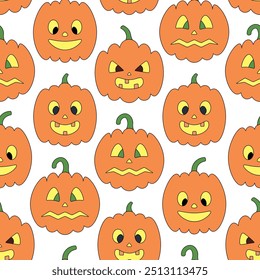 Pumpkin. Orange Halloween symbols. Vegetables with different faces. Seamless vector pattern. Endless Halloween ornament on a colorless background. Cartoon style. Jack-o'-lantern. Glows from within. 