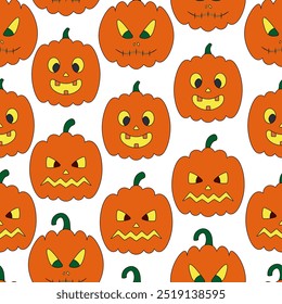 Pumpkin. Orange Halloween symbols. Vegetables with different faces. Seamless vector pattern. Endless Halloween ornament on a colorless background. Cartoon style. Jack-o'-lantern. Glows from within.