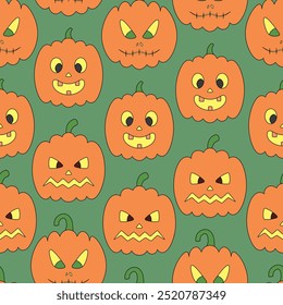 Pumpkin. Orange Halloween symbols. Vegetables with different faces. Seamless vector pattern. Endless Halloween ornament on green background. Cartoon style. Jack-o'-lantern. Glows from within. 