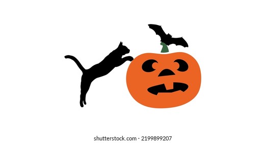 Pumpkin orange icon for Halloween. Halloween icon. Simple, even in color. The bat and the cat are black.