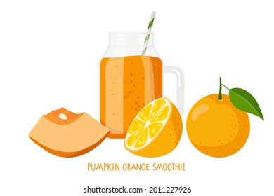 Pumpkin orange smoothie. Autumn seasonal products. Piece of Pumpkin, orange fruit, smoothie mug with orange liquid. Food and drinks isolated. For menu for healthy eating. Fresh energetic drink.