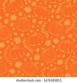 Pumpkin orange vector seamless pattern, hand drawn squash sketch isolated on white background