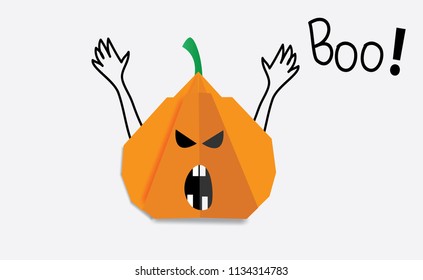 Pumpkin origami with hands and lettering Boo!,vector illustration.