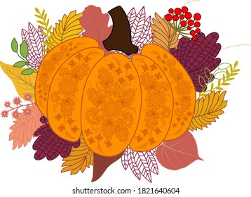 Pumpkin With Ornament.  Happy Thanksgiving . Harvest Season. Vector Illustration. Clip Art.